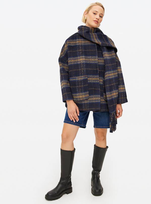 Navy Check Short Scarf Coat  S
